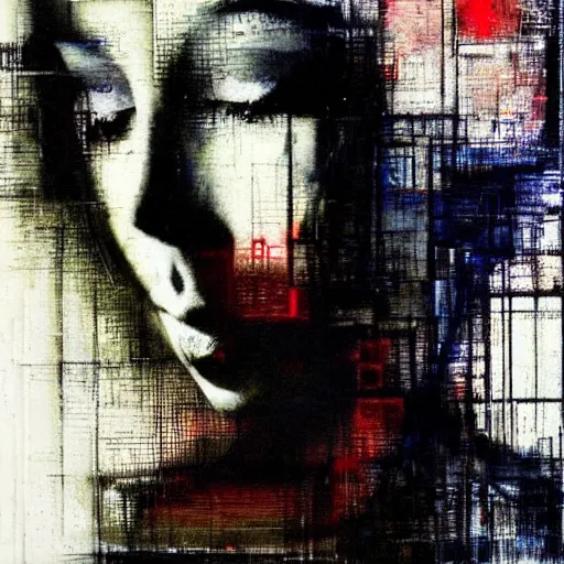 Image similar to portrait of a hooded beautiful women wearing a, mysterious, shadows, by Guy Denning, by Johannes Itten, by Russ Mills, glitch art, hacking effects, chromatic, color blocking, oil on canvas, concept art, abstract