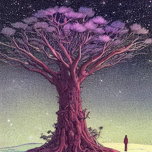 Image similar to a large tree rooted in a galactic crystal hovering in space, by moebius