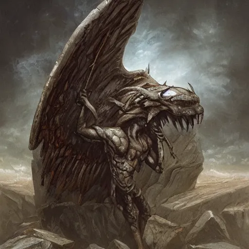 Image similar to polished hewn rectangular granite rock with a demon face, wings sprouting from the back, fantasy, oil painting, style of seb mckinnon