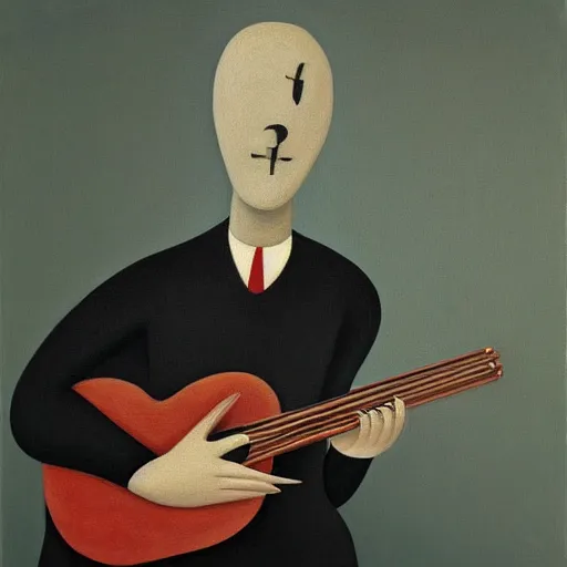 Image similar to a painting of a man playing the guitar by gertrude abercrombie. precisionism, surrealism, dark, low contrast, featured on pixiv, art on instagram, detailed painting