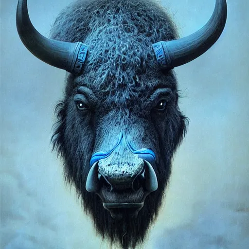 Image similar to Angry Humanoid Bison portrait, dark fantasy, blue, Warhammer, artstation painted by Zdzisław Beksiński and Wayne Barlowe