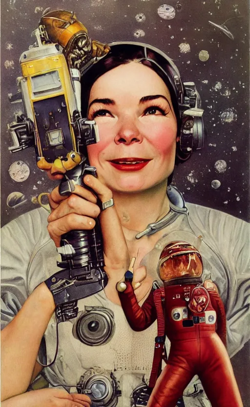 Image similar to head and shoulders portait of bjork holding a retro ray gun and wearing an unpleasant leather spacesuit on Mars by norman rockwell and darek zabrocki