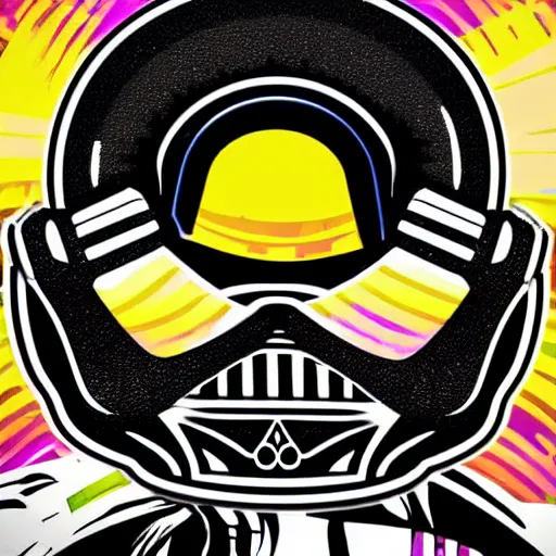 Image similar to svg sticker of a Pop-Wonder Darth-Vader at a rave, spinning records, giant headphones rocking out, wearing headphones, huge speakers, dancing, rave, DJ, spinning records, digital art, amazing composition, rule-of-thirds, award-winning, trending on artstation, featured on deviantart