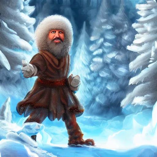 Prompt: Detalied full body painting of a Bob Ross of Ice and Snow in a fantasy art style, digital art, ultra detailed, light particles,mystic, cineamatic shot