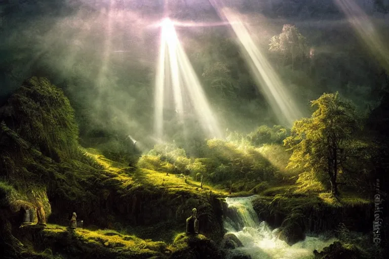 Image similar to masterpiece lord of the rings painting of trees on a hillside overlooking a creek, dramatic lighting with god rays, by andreas franke