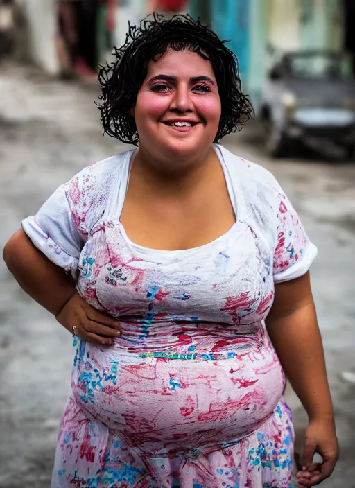 Prompt: close up portrait of a beautiful, chubby, 30-year-old Cuban woman, happy, candid street portrait in the style of Martin Schoeller, award winning, Sony a7R