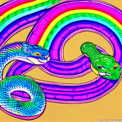 Prompt: a being of pure light, giant rainbow iridescent serpent is wrapping around its body, hyper detailed, ultra fine colored inking lines