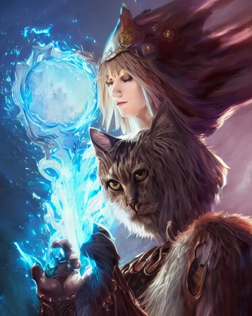 Image similar to Cat witch armor, portrait, casting epic spell, magic the gathering artwork, D&D, fantasy, cinematic lighting, centered, symmetrical, highly detailed, digital painting, artstation, concept art, smooth, sharp focus, illustration, volumetric lighting, epic Composition, 8k, art by Akihiko Yoshida and Greg Rutkowski and Craig Mullins, oil painting, cgsociety