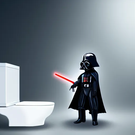 Prompt: Darth Vader shoving a baby into a toilet, scary digital painting, 4k wallpaper, trending on artstation, water splashing out of toilet, baby screaming, Darth Vader laughing