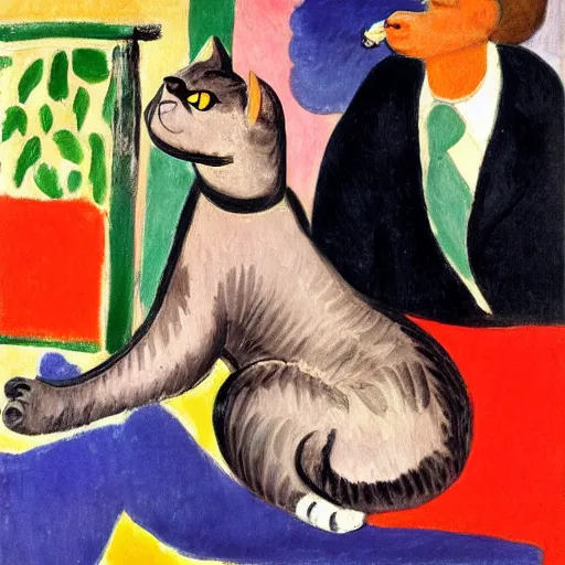 Image similar to An oil painting of a cat spitting on a man, colorful, by Henri Matisse