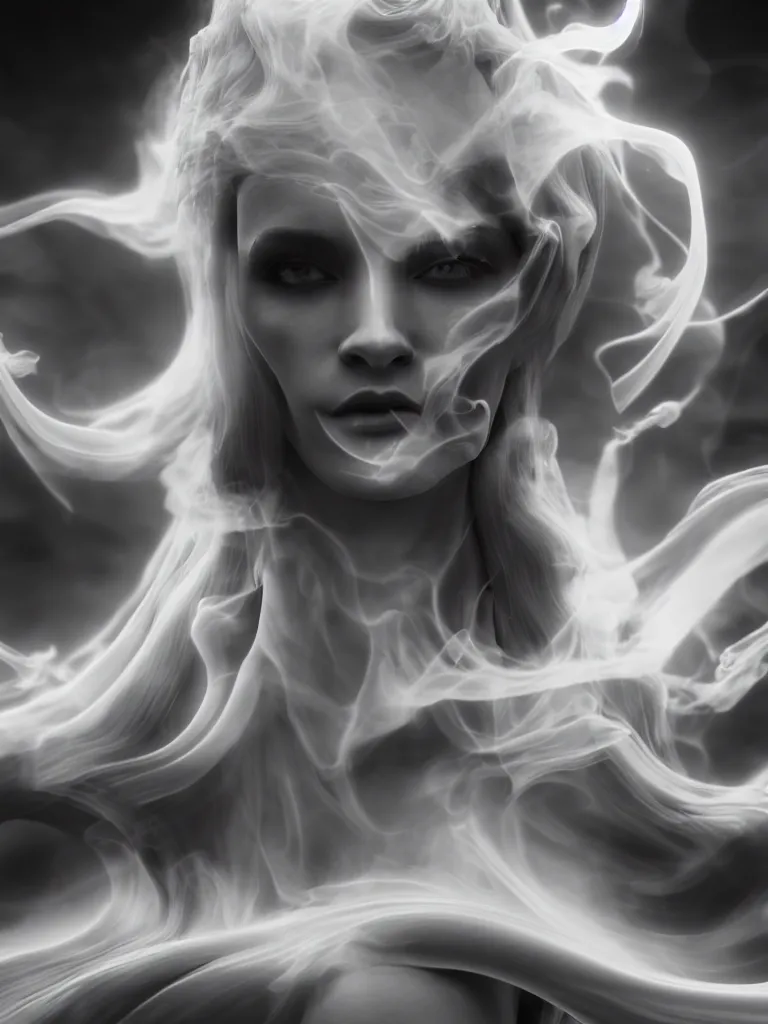 Prompt: white noir priestess, flowing swirls of smoke, hyperreal octane render volumtric cinematic