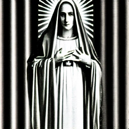 Image similar to vhs static overlay of marian apparition, vhs, 1 9 9 0, highly realistic, highly detailed, vhs noise static, black and white, vhs glitch