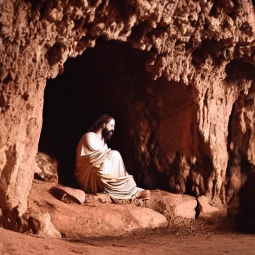 Prompt: sad jesus sits on a entrance from a cave