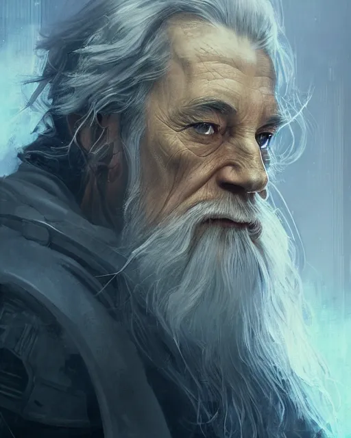 Prompt: gandalf with cybernetic enhancements, detailed face, scifi character portrait by greg rutkowski, esuthio, craig mullins, 1 / 4 headshot, cinematic lighting, dystopian scifi gear, gloomy, profile picture, mechanical, half robot, implants, steampunk