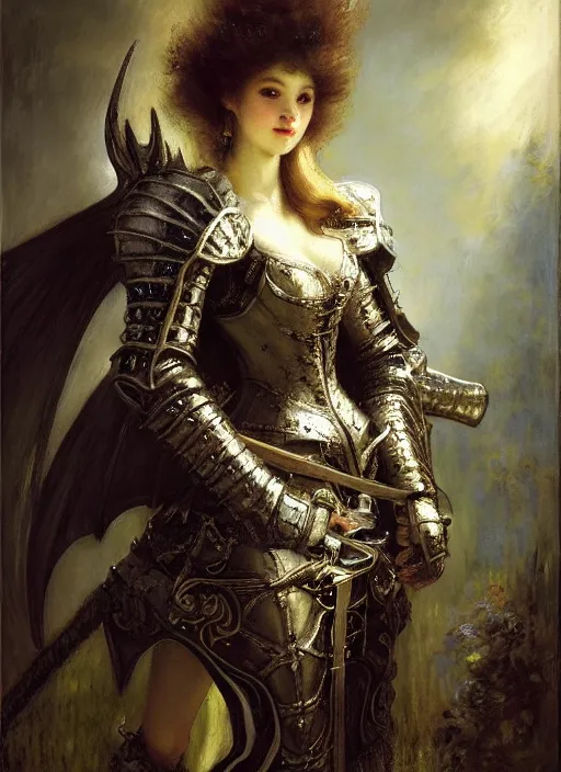 Prompt: vertical portrait of a knight gothic girl in dark and white dragon armor, rococo outfit. by gaston bussiere, by rembrandt, 1 6 6 7, artstation trending, blue light, by konstantin razumov *