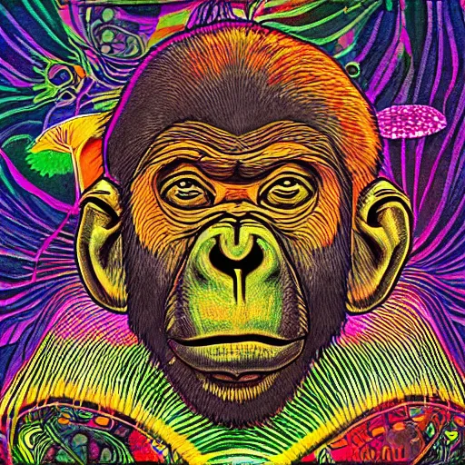 Image similar to stoned ape theory, psilocybin mushrooms, abstract, evolution