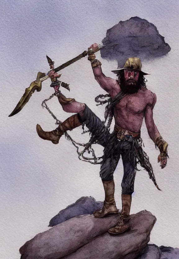 Image similar to randy savage with an anchor weapon slung over his shoulder and foot heroically on a boulder posing alone in desolate wasteland | portrair | fantasy watercolour painting | middle earth | conan | darksun | d & d dungeons and dragons | barbarian