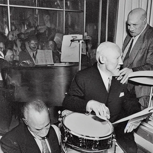 Image similar to buzz aldrin playing the drums while Lenin reads from a bible in a downtown New York jazz club in the late 1950's. etching