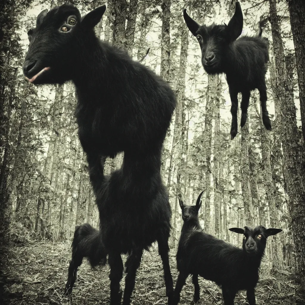 Image similar to polaroid of a black goat, a dog and a black totem in the forest, occult,