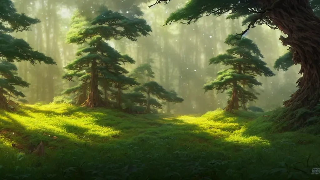 Image similar to forest clearing landscape, studio ghibli, pixar and disney animation, sharp, rendered in unreal engine 5, highly detailed, digital painting, artstation, concept art, smooth, sharp focus, illustration, wide angle, artbook, wallpaper, splash art, promo art, dramatic lighting, art by artgerm and greg rutkowski and bo chen and jin xiaodi