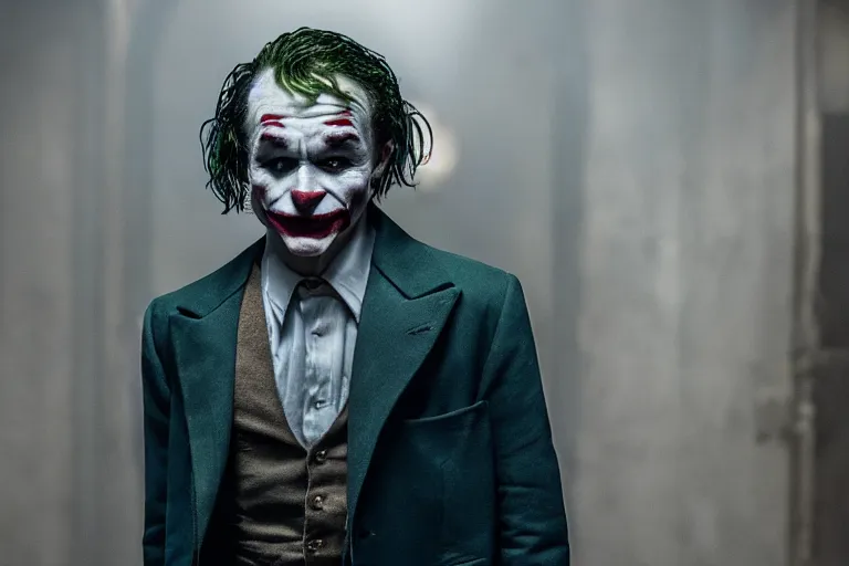 Image similar to Barry Keoghan as the Joker in 'Joker 2' (2024), movie still frame, promotional image, imax 70 mm footage, oscar nominated cinematography, volumetric lighting, 8k resolution