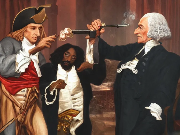 Prompt: Conan O’Brian passing the smoke filled bong to George Washington and Snoop Dogg