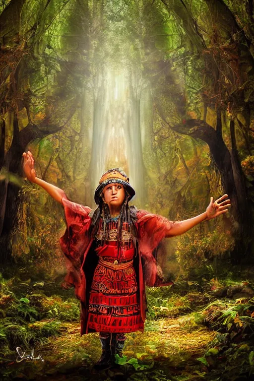 Image similar to photorealistic photo of an aztec sorcerer casting a powerful spell in a dark forest, by lilia alvarado, lilia alvarado art,