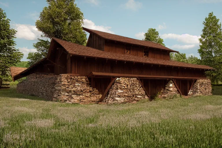 Prompt: wood and stone barn, designed by Frank Loyd Wright, crystalline!!, ((octane render, nvidia raytracing demo)), masterpiece, closeup