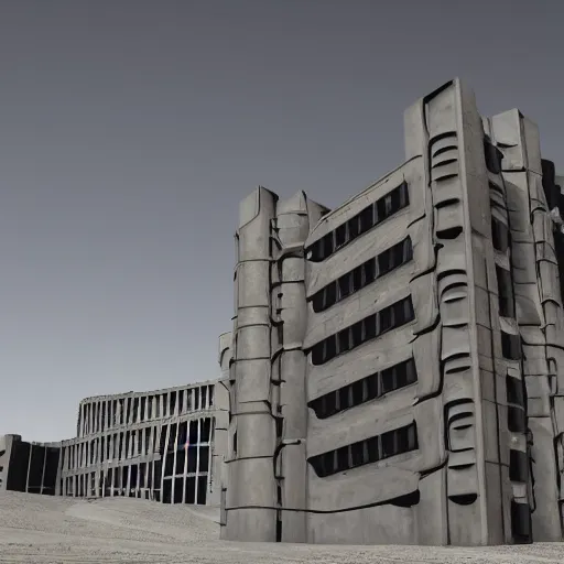 Image similar to Sci-Fi industrial futuristic Brutalism huge Building desert