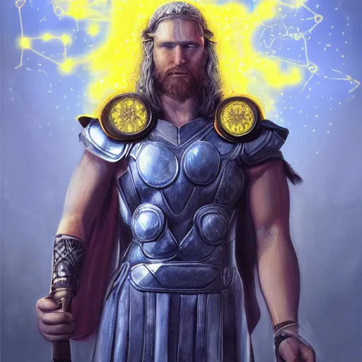 Image similar to mythological viking thor Shaman of artificial intelligence creating an artificial neural network with yellow synapses on an anvil, high resolution, award winning art, trending on art station, sharp image, incredibly detailed, detailed character realistic painting