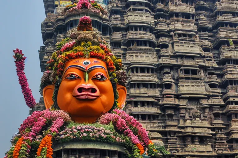 Prompt: high quality 3 d flowerpunk biomorphic hanuman head building in the middle of mumbai!!, kalighat highly detailed, cinematic smooth, stephen shore & john j. park, soft morning light, wide shot, high angle, uhd 8 k, deep focus