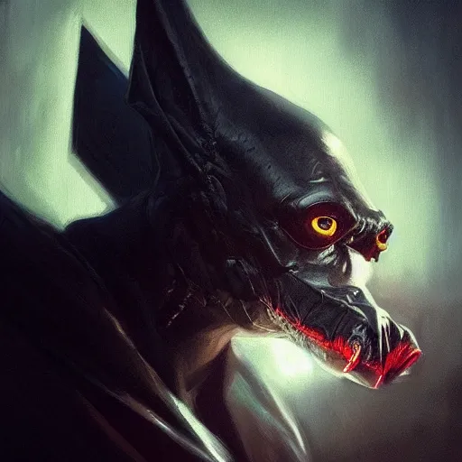 Prompt: a hyper realistic portrait painting of a half bat half man, glowing eyes, creepy, backlight, horror vibe, real, realistic lighting in the style of greg rutkowski, trending on artstation,