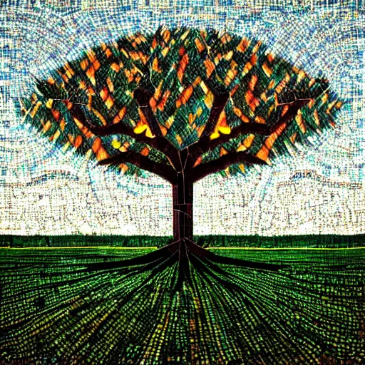 Prompt: a tree in a field with a sky background, a mosaic by jeffrey smith, behance contest winner, generative art, circuitry, fractalism, behance hd