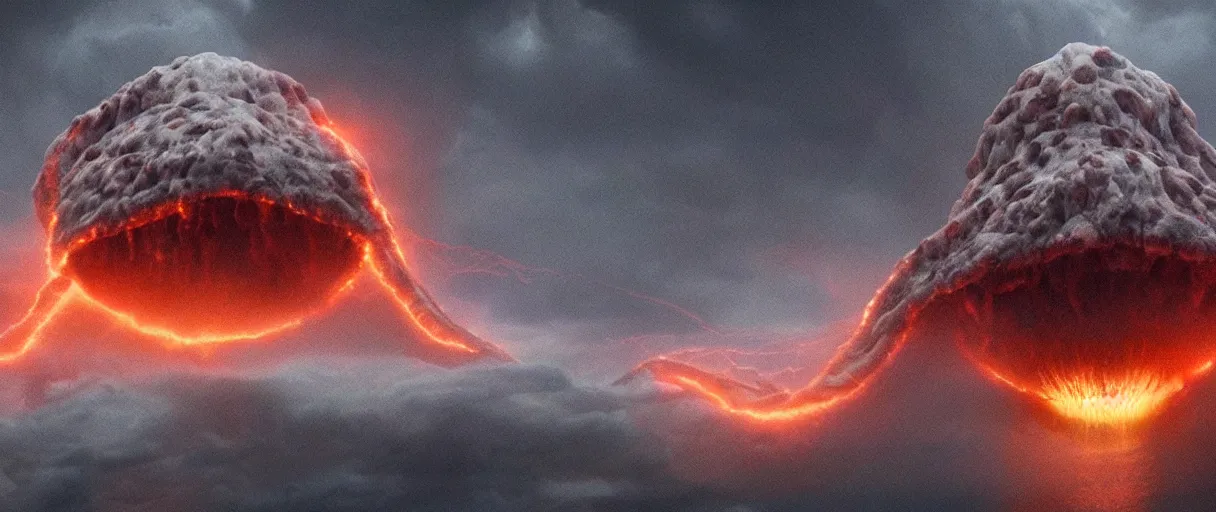 Prompt: a giant octopus god floating over a rain forest, lightning, ambient sun, a volcano erupts, still from the movie the arrival, 8k