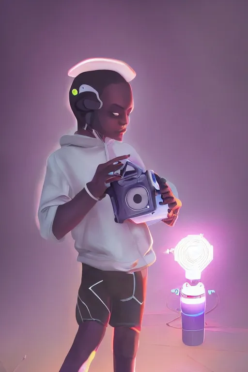 Image similar to a black kid playing with a futuristic robot in the nature, mixing solarpunk, afropunk, cyberpunk, ( ( ( ( volumetric light ) ) ) ), high angle, part by pearl fryar, part by prince damah, sunny day, trending on artstation, cinematic view, illustration, painting.