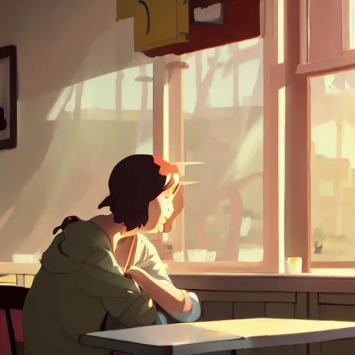 Prompt: woman sitting in a cafe, cottagecore, atey ghailan, goro fujita, studio ghibli, rim light, sharp lighting, clear focus, very coherent,