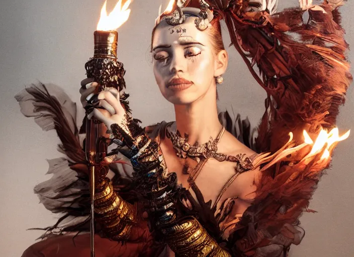 Prompt: studio portrait of a graceful fire dancer holding blow torches, fantasy, absurdly beautiful, wearing an elegant tribal outfit,, ultrafine hyperrealistic detailed face illustration by kim jung gi, irakli nadar, ultra realistic, final fantasy, 4 k, movie still, uhd, sharp, detailed, cinematic, render, modern