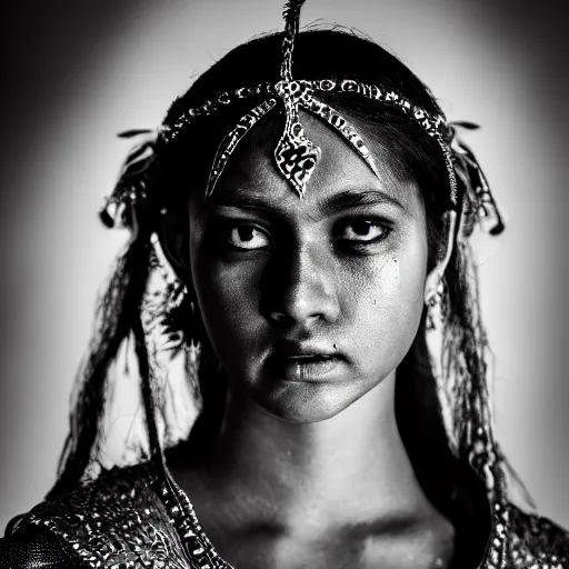 Prompt: an analogue photo masterpiece closeup portrait of a female angel with a dark armour , cinematic lighting, Jayison Devadas style, 8k, black & white, 35mm, f/1.4