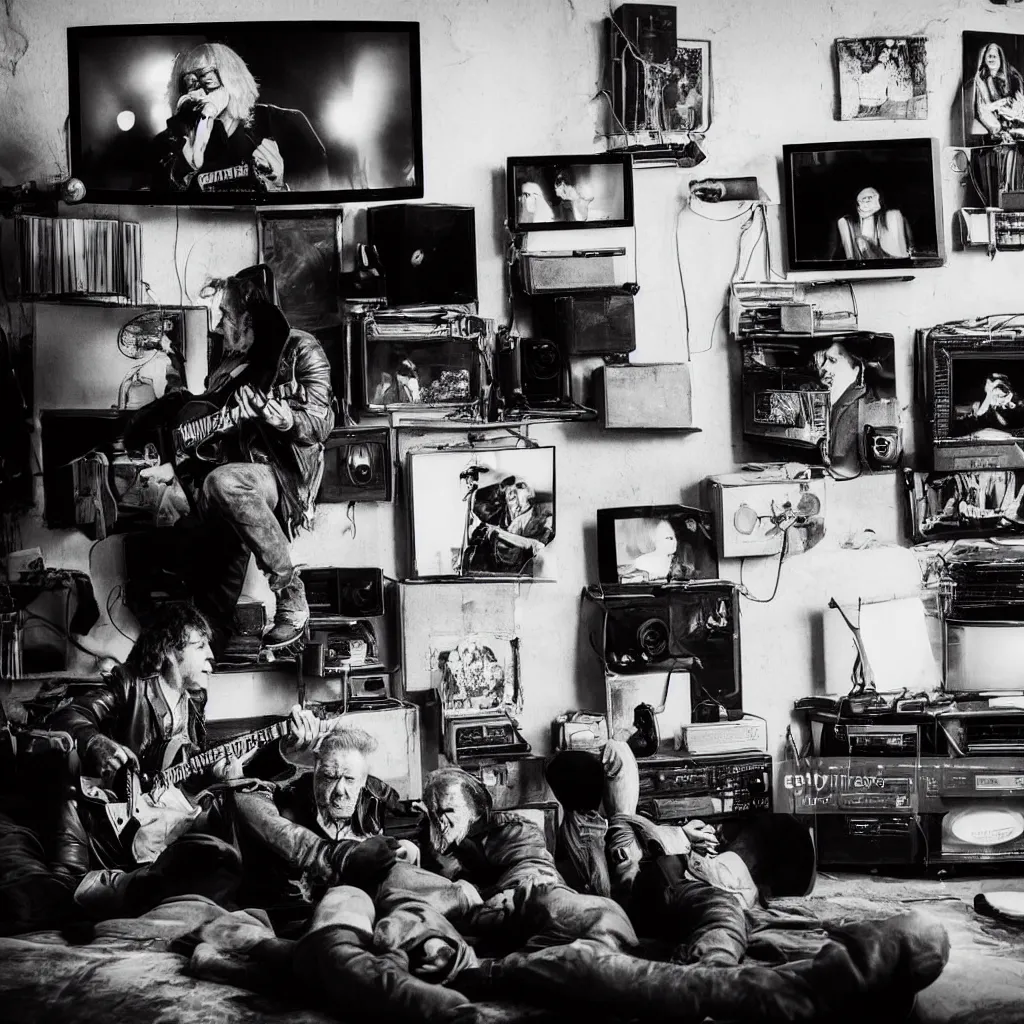 Prompt: old rockers in leather jackets watch clips on tv in an old shabby apartment, a music concert is shown on tv