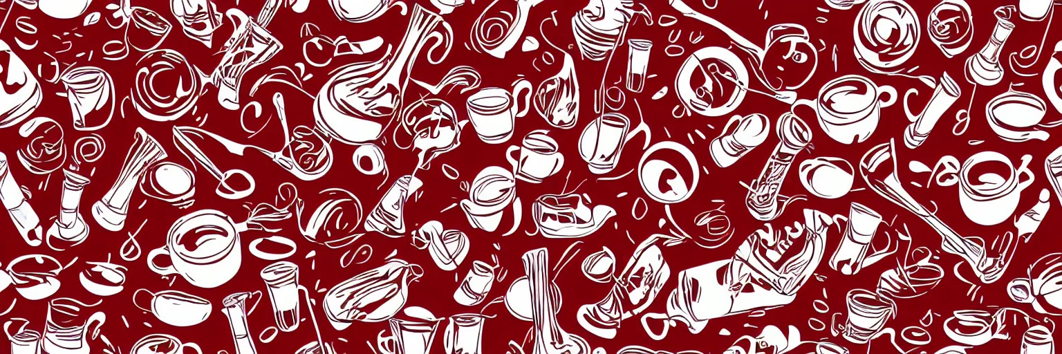 Image similar to seamless pattern design, coffee and musical instrument, vector, simple, red and white,