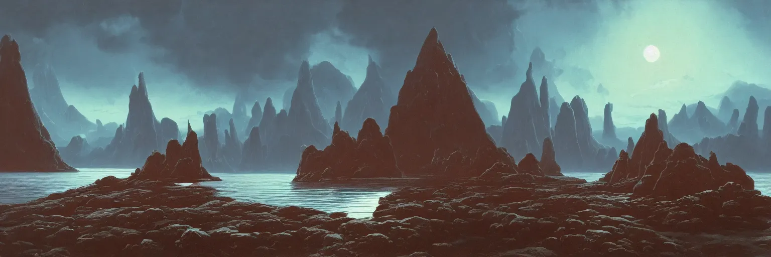 Prompt: a very tall and huge shiny smooth metallic wall in the middle of nowhere near water and rocks with mountains behind it and dramatic sky, oil on canvas, by Simon Stalenhag, by Zdzisław Beksiński, by Bruce Pennington, masterpiece, trending on artstation, featured on pixiv, cinematic composition, concept art, dramatic lighting, aesthetic, planets, stars, asteroids, no frames, 8K