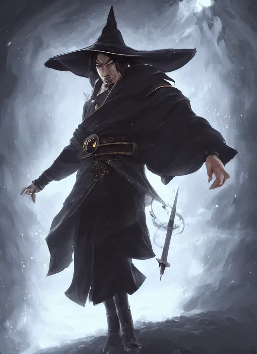 Image similar to a highly detailed illustration of Hiroyuki Sanada as wizard wearing black robe and mage hat, dramatic magic floating pose, intricate, elegant, highly detailed, centered, digital painting, artstation, concept art, smooth, sharp focus, league of legends concept art, WLOP