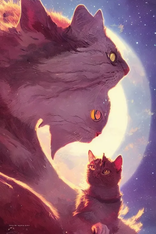 Prompt: space cat places cat flag on moon, highly detailed, digital painting, artstation, concept art, smooth, sharp focus, illustration, art by greg rutkowski and alphonse mucha