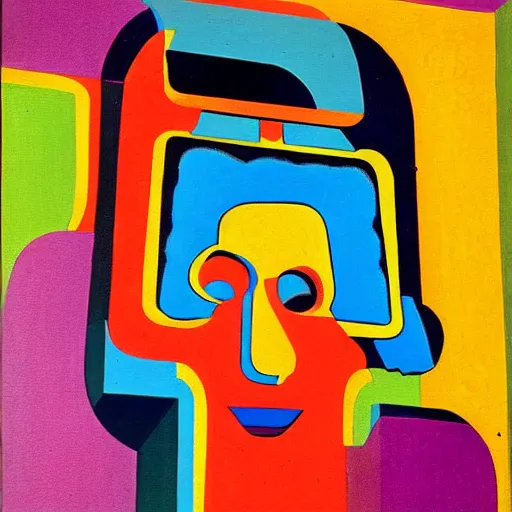 Prompt: colourful futurist painting of a wooden box carved in shaped of a human head, opening at hinges, orphist metaphysical painting ( 1 9 5 2 )