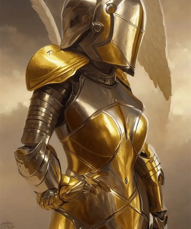 Image similar to Female knight angel in gold and silver armor, highly detailed, digital painting, artstation, concept art, smooth, sharp focus, illustration, art by artgerm and greg rutkowski and alphonse mucha