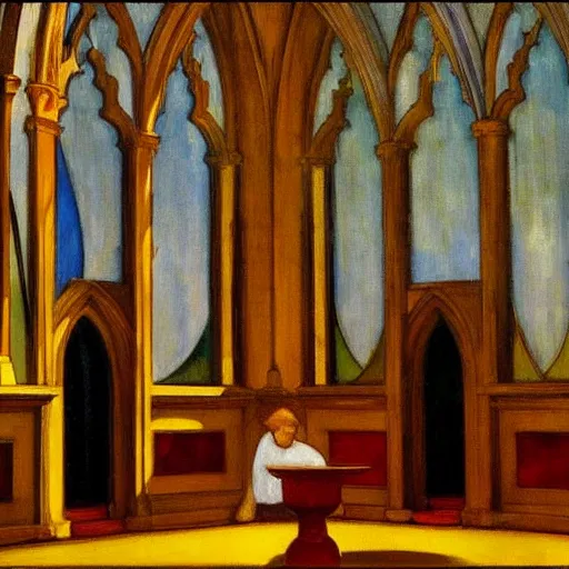 Prompt: inside cathedral with beautiful stained glass windows by edward hopper