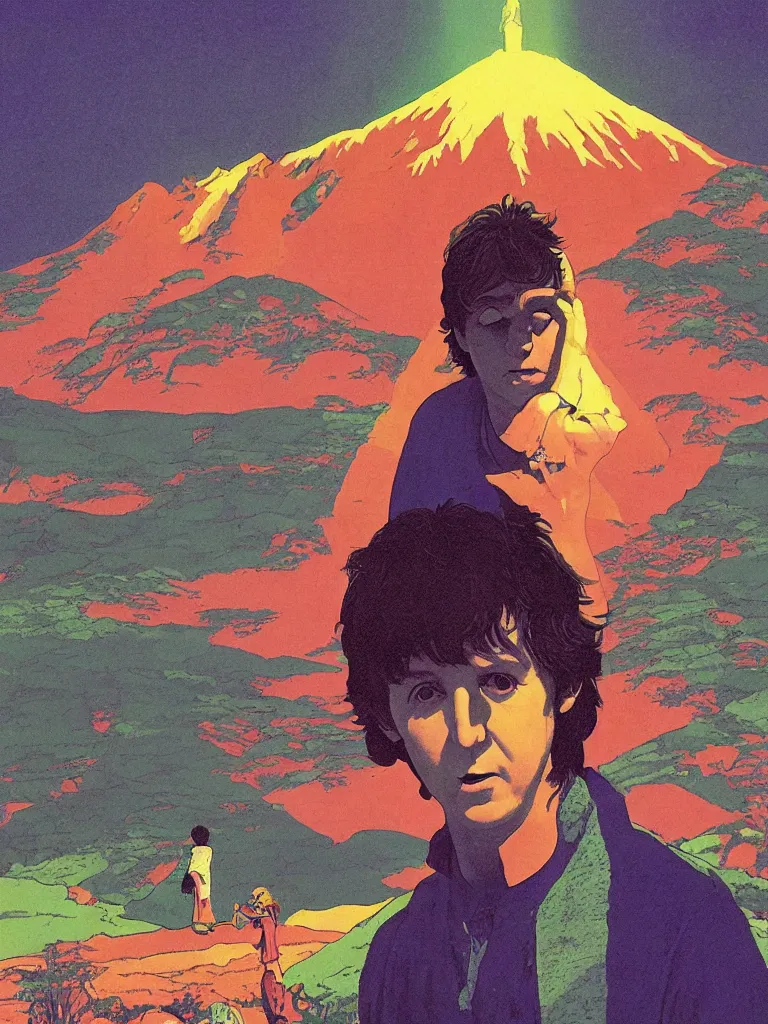 Prompt: an image of paul mccartney as frodo from the lord of the rings, taking mind altering drugs, a blotter paper of lsd acid and dreaming psychedelic hallucinations in the vast shire landscape, by kawase hasui, moebius, edward hopper, colorful flat surreal design, dramatic lighting, hd, 8 k, artstation