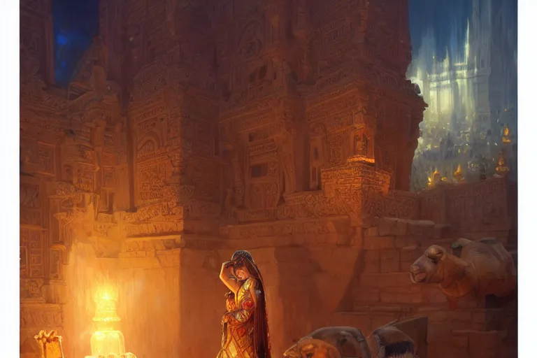 Prompt: camel temple, 1 0 0 1 night, dark water, gemstones and treasures, deep focus, d & d, fantasy, intricate, elegant, highly detailed, digital painting, artstation, concept art, matte, sharp focus, illustration, hearthstone, art by artgerm and greg rutkowski and alphonse mucha