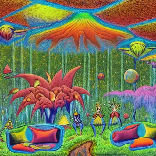 Image similar to psychedelic couch sofa in the lush forest, milky way, designed by moebius, rob gonsalves, gustav dore, giuseppe arcimboldo and carl barks, louis wain, trending on artstation, mediterranean, star, sharp focus, colorful refracted sparkles and lines, soft light, 8 k 4 k