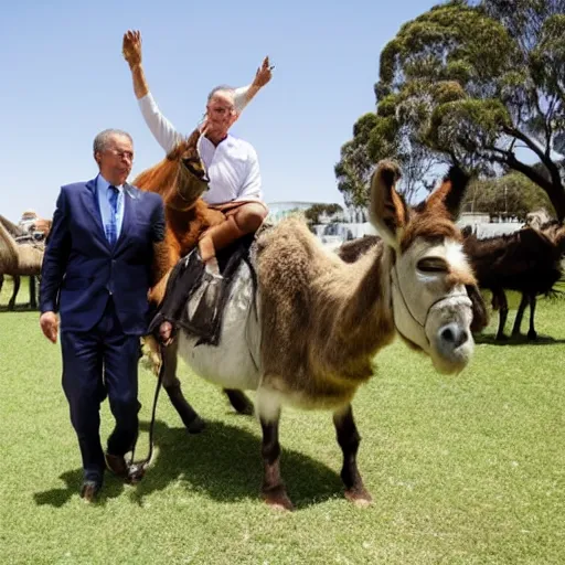 Image similar to scott morrison riding on a donkey